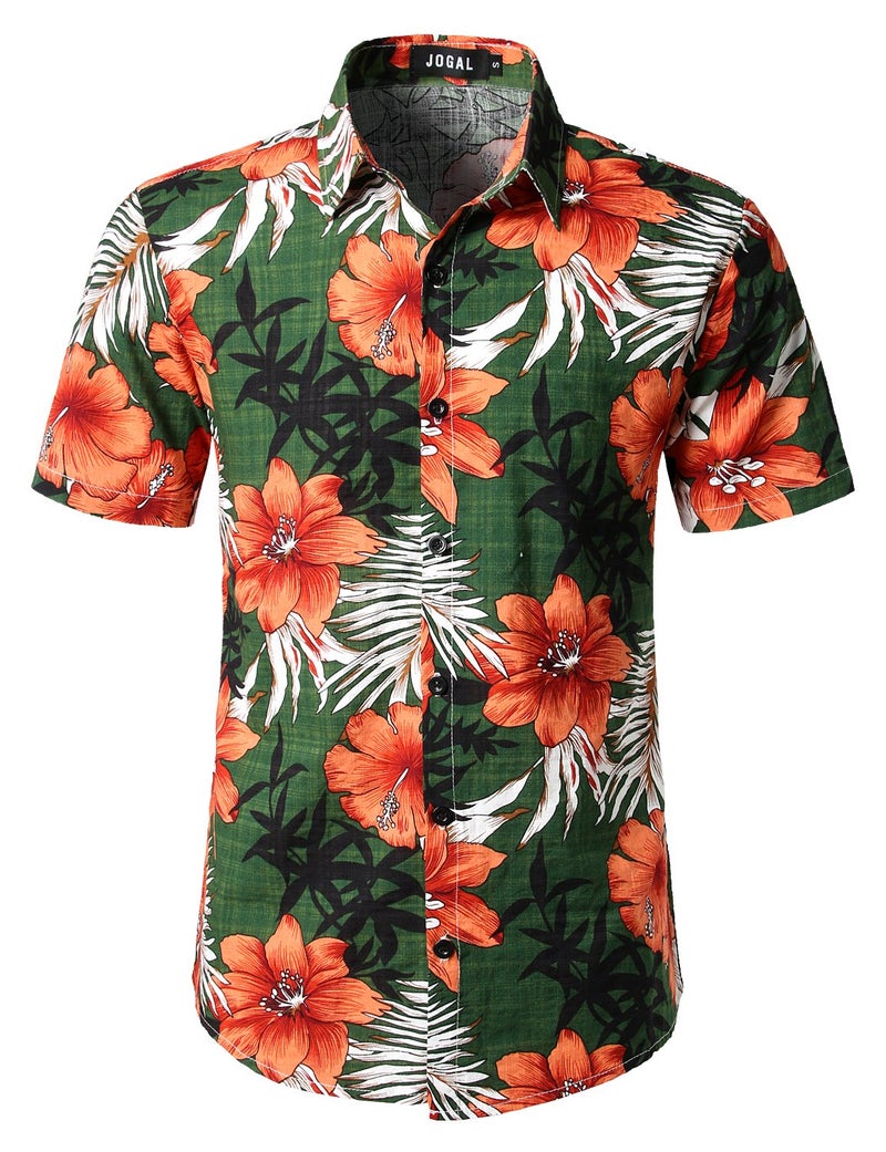 JOGAL Men's Flower Casual Button Down Short Sleeve Hawaiian Shirt Large Green - Image 2